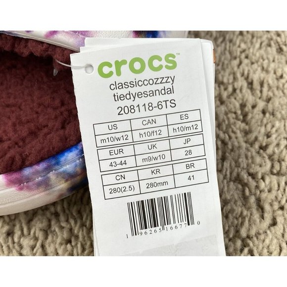 Crocs Classic Cozy Sandals Tie Dye Garnet Slip On Warm Fuzzy Unisex M10 W12 NWT - Picture 10 of 10